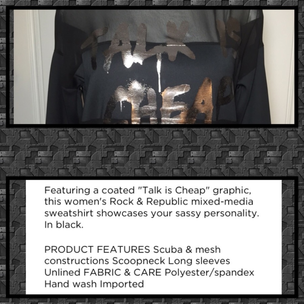 Rock & Republic Black "Talk is Cheap" Mesh Sweatshirt with Silver Writing -Large - Picture 4 of 4